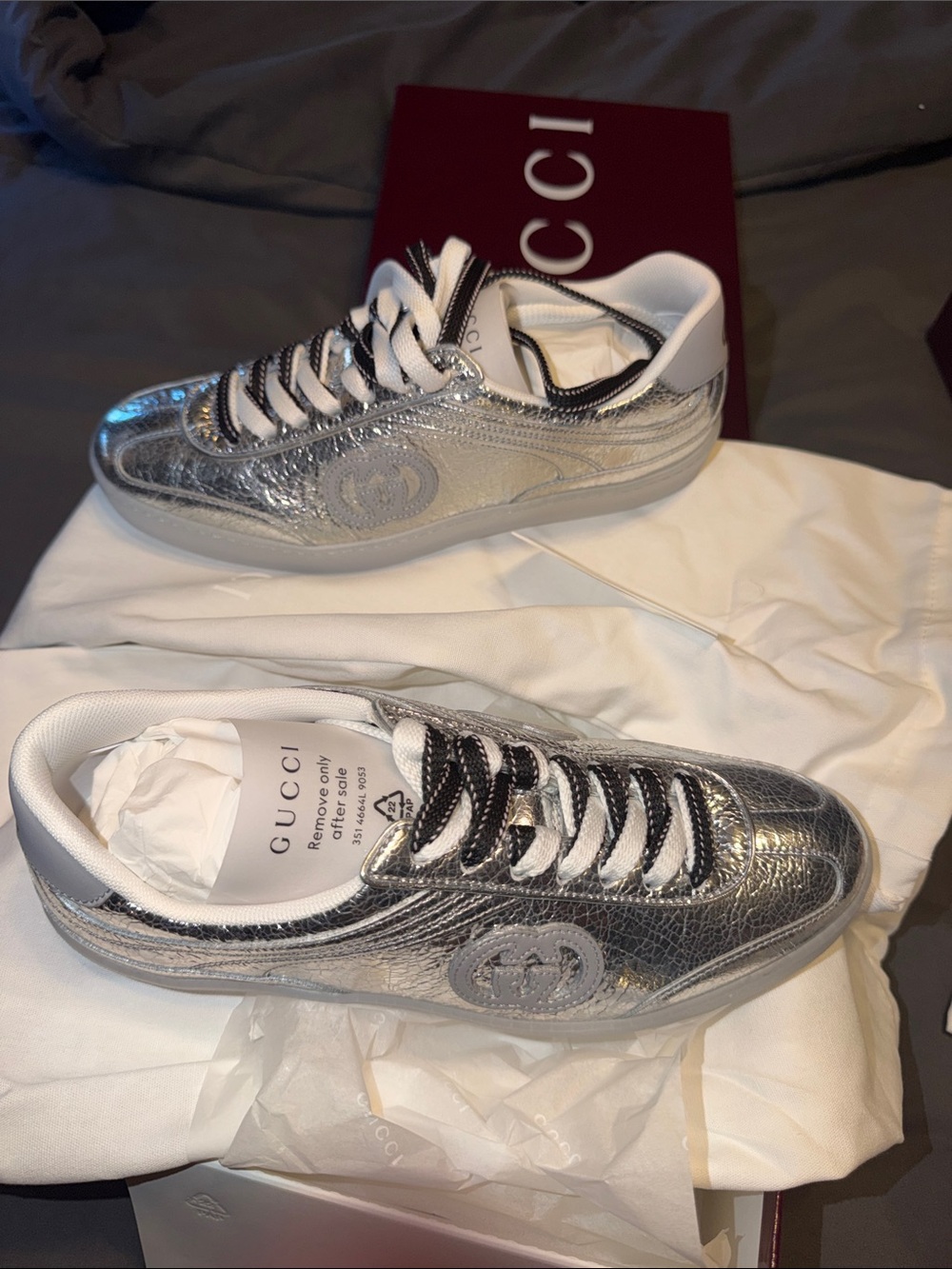Gucci Metallic Silver Low-Top Sneakers with White Accents